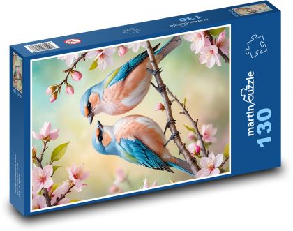 Ptaki na drzewie kwitnącym - Puzzle 130 elementów, rozmiar 28,7x20 cm
