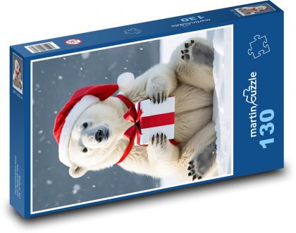 Niedźwiedź polarny z prezentem świątecznym - Puzzle 130 elementów, rozmiar 28,7x20 cm