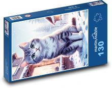 Kočka v zimní krajině Puzzle 130 dílků - 28,7 x 20 cm
