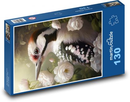 Woodpecker in white roses - Puzzle 130 pieces, size 28.7x20 cm 