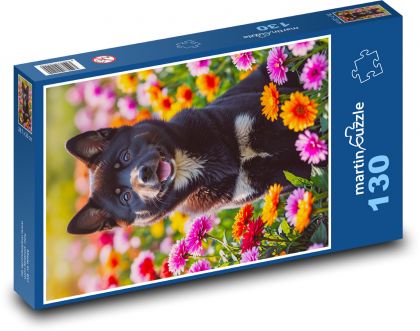 Pes - jarní květiny - puzzle 130 dílků