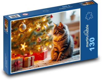 Kot przy choince - Puzzle 130 elementów, rozmiar 28,7x20 cm