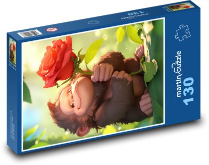 Opica s ružou - Puzzle 130 dielikov, rozmer 28,7x20 cm 