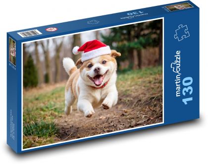 Pies w świątecznym kapeluszu - Puzzle 130 elementów, rozmiar 28,7x20 cm