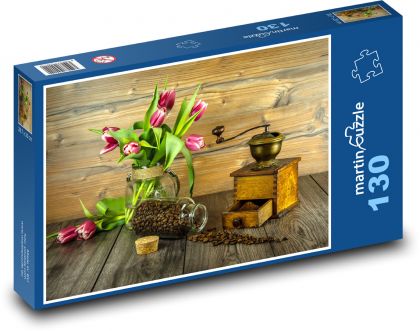 Młynek do kawy i bukiety tulipanów - Puzzle 130 elementów, rozmiar 28,7x20 cm