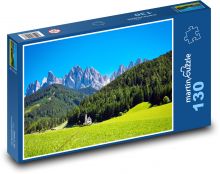 Val di Funes - kościół, Włochy Puzzle 130 elementów - 28,7x20 cm