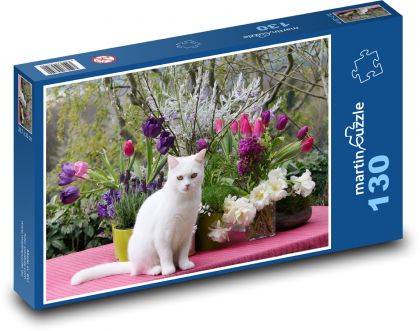 White cat with flowers - Puzzle 130 pieces, size 28.7x20 cm 