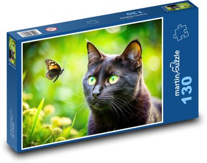 Butterfly and black cat - Puzzle 130 pieces, size 28.7x20 cm 