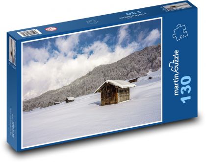 Sníh - dřevěná bouda - puzzle 130 dílků