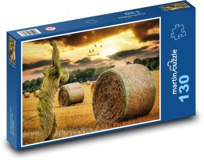 Západ slunce - pole, balík sena - puzzle 130 dílků