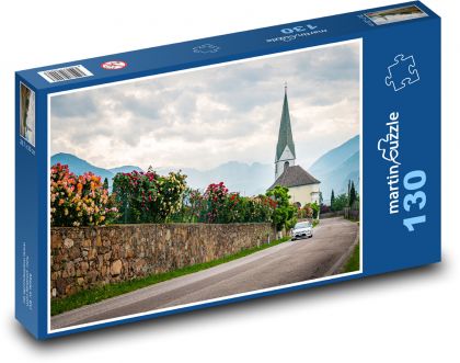 Kostel - růže, květiny - Puzzle 130 dílků, rozměr 28,7x20 cm