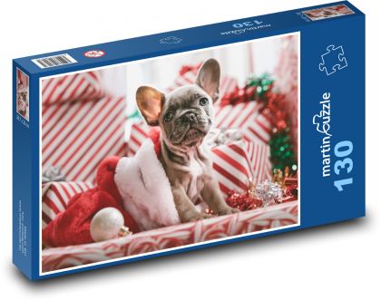 Pies w świątecznym kapeluszu - Puzzle 130 elementów, rozmiar 28,7x20 cm