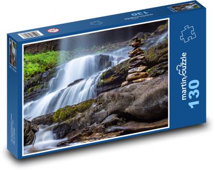 Stone tower at the forest waterfall - Puzzle 130 pieces, size 28.7x20 cm 