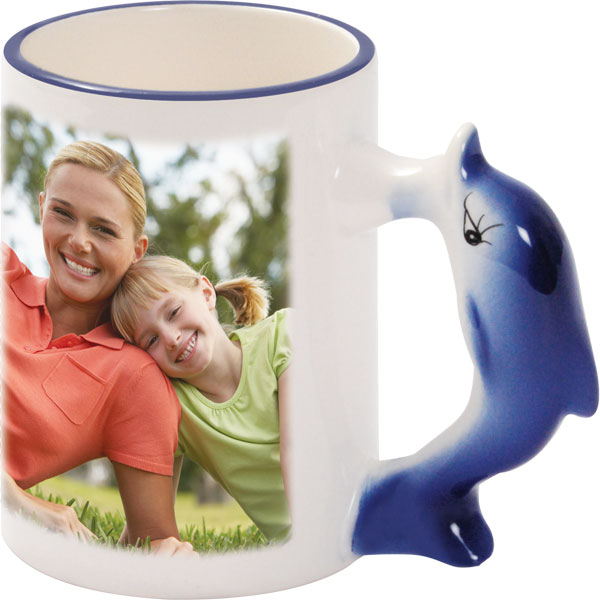 Tasse - weiß mit Delphin-Griff, 1x Foto-Druck für den Rechtshänder