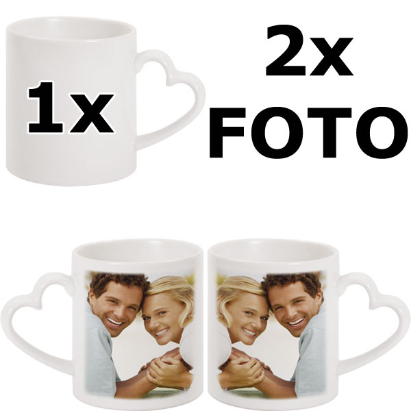 Fototasse - weiß mit Herz-Griff, 2x Foto-Druck (links + rechts vom Griff)