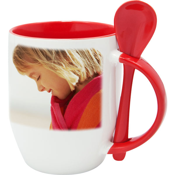 Tasse, außen weiß - innen rot, mit Löffel im Griff - 1x Foto-Druck