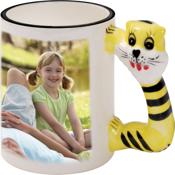 Tasse - weiß mit Tiger-Griff, 1x Foto-Druck für den Rechtshänder