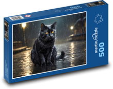 Čierna mačka v daždi na ulici Puzzle 500 dielikov - 46 x 30 cm 