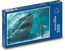Kobieta z rekinem w morzu Puzzle 500 elementów - 46x30 cm