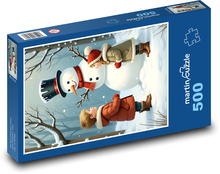 Children with a snowman in the forest Puzzle of 500 pieces - 46 x 30 cm 