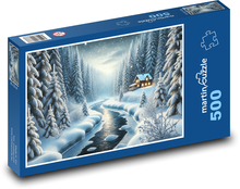Zamrzlá řeka v lese Puzzle 500 dílků - 46 x 30 cm