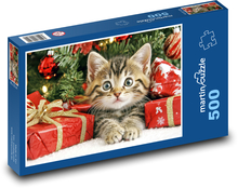 Mały kotek z prezentami świątecznymi Puzzle 500 elementów - 46x30 cm