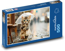 Roztomilé mačiatko v daždi s dáždnikom Puzzle 500 dielikov - 46 x 30 cm 