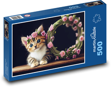 Kleine Katze mit rosa Blüten Puzzle 500 Teile - 46 x 30 cm