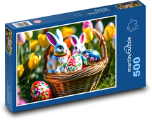 Veľkonočný kôš s veľkonočnými vajíčkami a králikmi Puzzle 500 dielikov - 46 x 30 cm