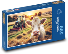 Krava a traktor v teréne Puzzle 500 dielikov - 46 x 30 cm 
