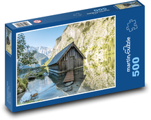 Drewniana stocznia nad górskim jeziorem Puzzle 500 elementów - 46x30 cm