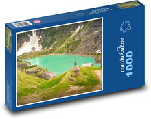 Horská kaplnka na jazere v Alpách Puzzle 1000 dielikov - 60 x 46 cm 