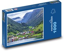 Domy u jezera - Fjordy, Norsko Puzzle 1000 dílků - 60 x 46 cm
