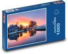 Zimowy poranek nad rzeką na wsi Puzzle 1000 elementów - 60x46 cm