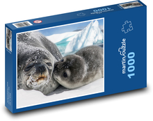 Foka mateczna z młodym - śnieg, lodowiec Puzzle 1000 elementów - 60x46 cm