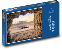 Jeskyně u pobřeží - loď. západ slunce Puzzle 1000 dílků - 60 x 46 cm
