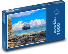 Skalnaté pobrežie - more, loď Puzzle 1000 dielikov - 60 x 46 cm 