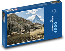 Ovce na skále - Švýcarsko, hory Puzzle 1000 dílků - 60 x 46 cm