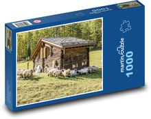 Vysokohorská chata - pastvina, ovce Puzzle 1000 dielikov - 60 x 46 cm 