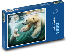 Lední medvěd - matka a mládě, voda Puzzle 1000 dílků - 60 x 46 cm