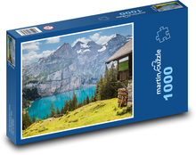 Horské jezero - chata, hory Puzzle 1000 dílků - 60 x 46 cm