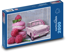 Retro autíčko a malinové makrónky Puzzle 2000 dielikov - 90 x 60 cm