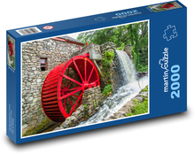 Vodní mlýn - červené kolo, vodopád Puzzle 2000 dílků - 90 x 60 cm