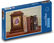 Dřevěné hodiny - knihy, starožitné Puzzle 2000 dílků - 90 x 60 cm