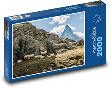 Ovce na skále - Švýcarsko, hory Puzzle 2000 dílků - 90 x 60 cm