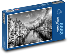 Amsterdam - kanál, černý a bílý Puzzle 2000 dílků - 90 x 60 cm