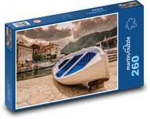 Blau-weißes Schiff im Steinhafen Puzzle 260 Teile - 41 x28,7 cm