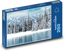 Śnieżny krajobraz - las zimą, jezioro Puzzle 260 elementów - 41x28,7 cm