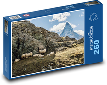 Ovce na skale - Švajčiarsko, hory Puzzle 260 dielikov - 41 x 28,7 cm 
