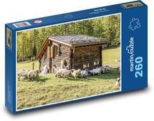Vysokohorská chata - pastvina, ovce  Puzzle 260 dílků - 41 x 28,7 cm